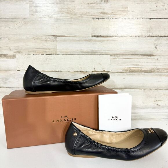 COACH Shoes Women Size 6.5 Black Patent Leather Ballet Flats W/ Box Low Arch - Picture 1 of 6